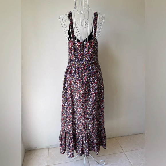 J Crew maxi tiered dress belted linen blend ditsy floral print navy blue size 2 - Picture 5 of 9